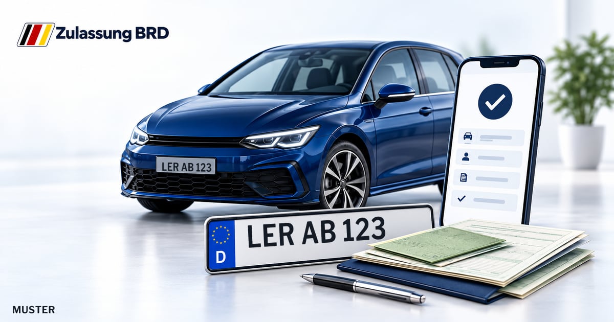 Online Fahrzeugzulassung in Weener: Musterkennzeichen LER AB 123, Auto und Fahrzeugpapiere und Smartphone. Illustration mit Logo von Zulassung BRD.